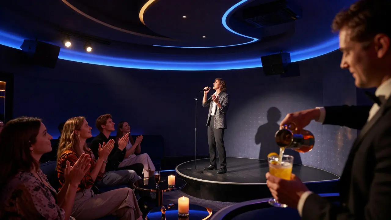 A solo performer on a stage with mood lighting, audience clapping in a sophisticated karaoke hall.