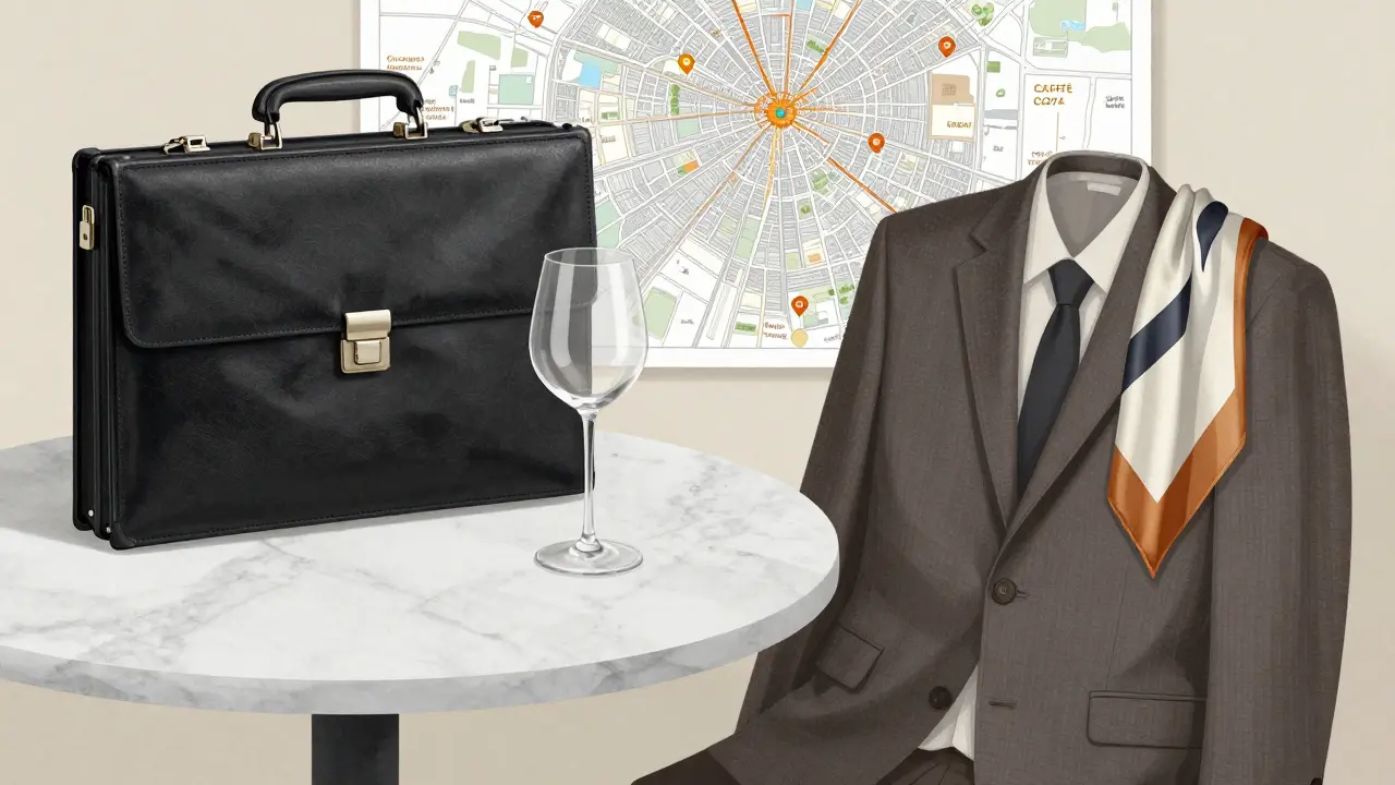 A vacant table in Milan holds symbols of business and leisure—briefcase, wine glass, and city map—suggesting a quiet, meaningful evening.