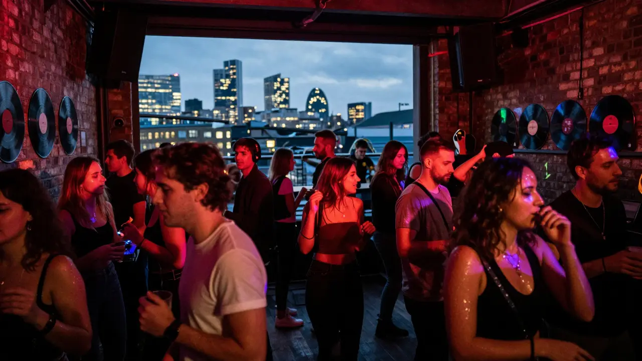 A vibrant Peckham warehouse club at night with dancing crowds and a rooftop skyline view.