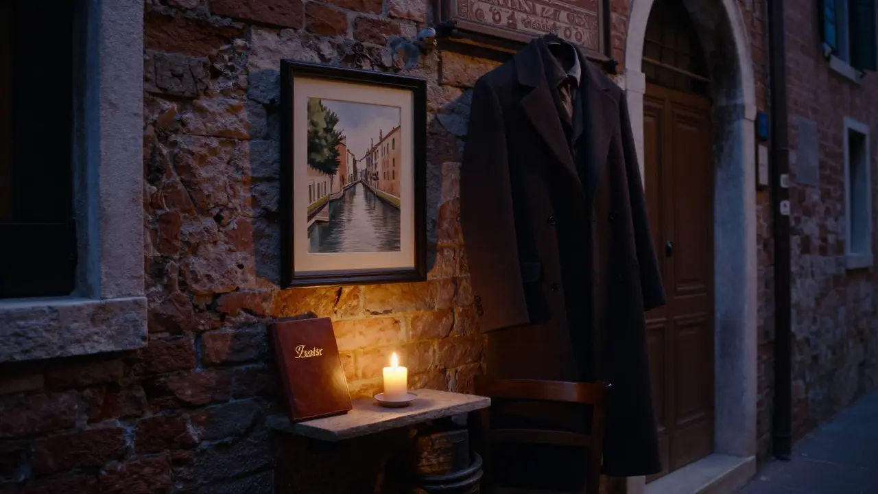 A watercolor print and leather journal lit by candlelight in a Brera alley.