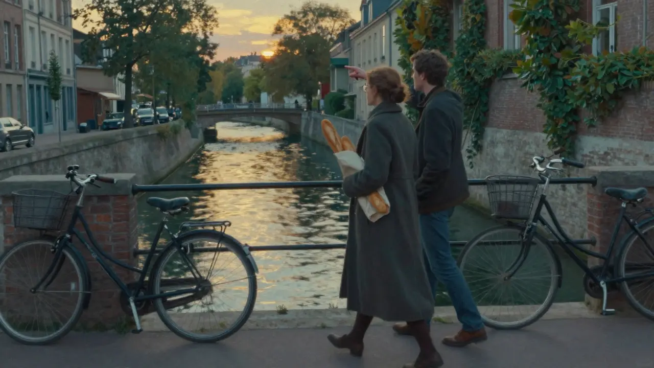 A woman and companion walking along Canal Saint-Martin at sunset, golden light reflecting on the water.