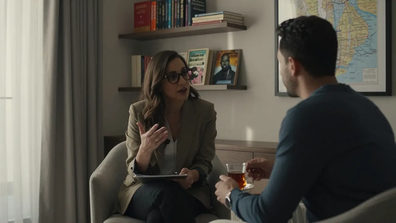 A woman and man in a book-filled study, engaged in thoughtful conversation over tea.