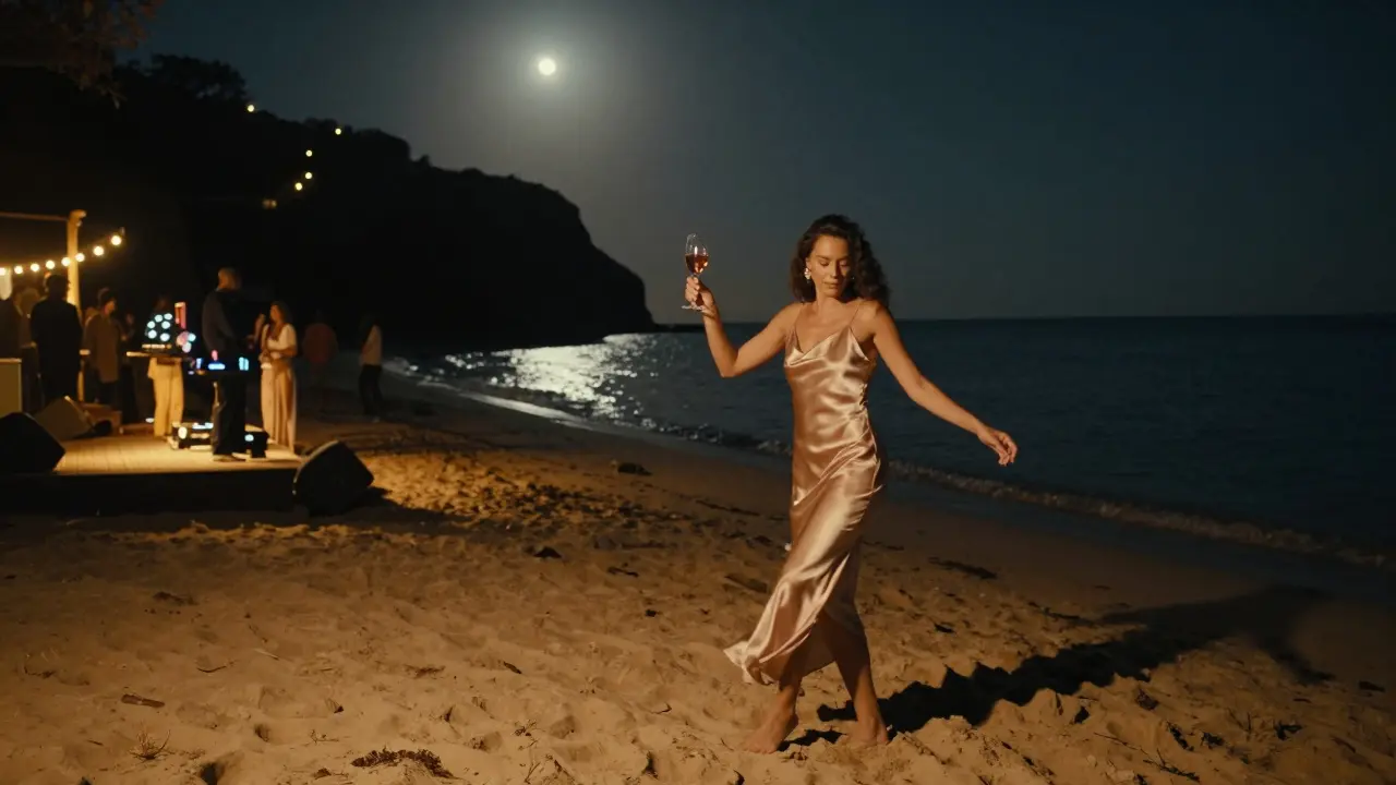A woman dancing barefoot on a moonlit beach at a seaside club, holding a glass of rosé, with stars reflecting on the dark water behind her.