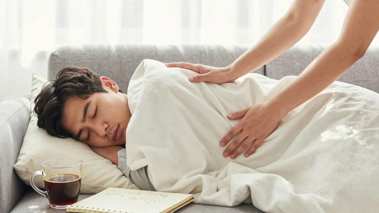 A woman’s hands tuck a blanket over a sleeping man on a sofa, morning light softening the scene of quiet care.