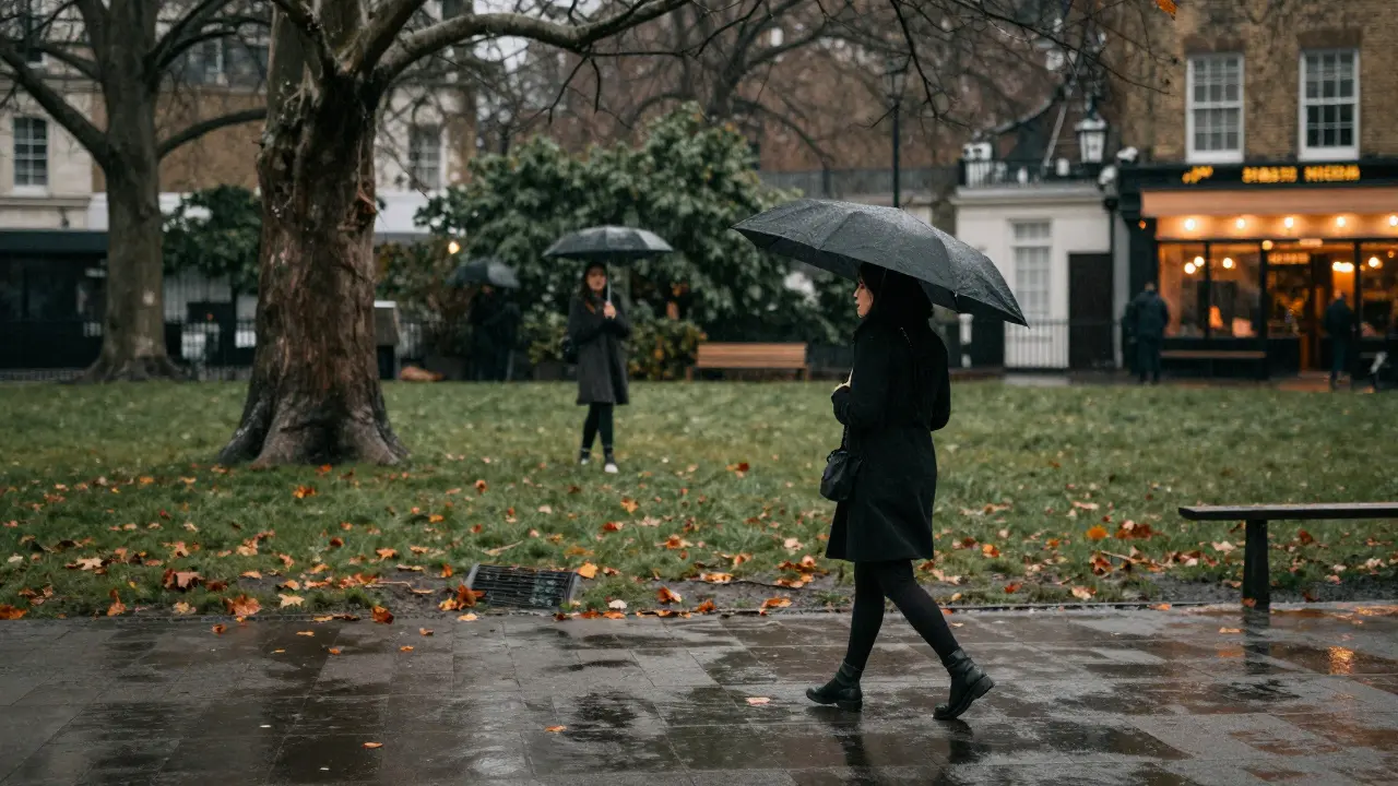 A woman walking alone in a rainy London park, glancing back at a distant figure under a tree.