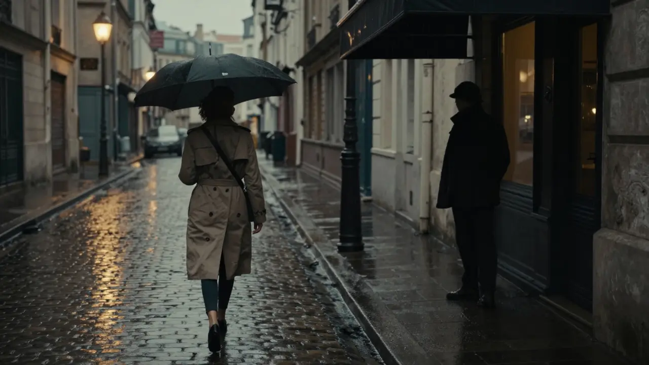 A woman walking away from a shadowy figure in a rainy Paris street, no contact, umbrellas and wet cobblestones under dim lights.