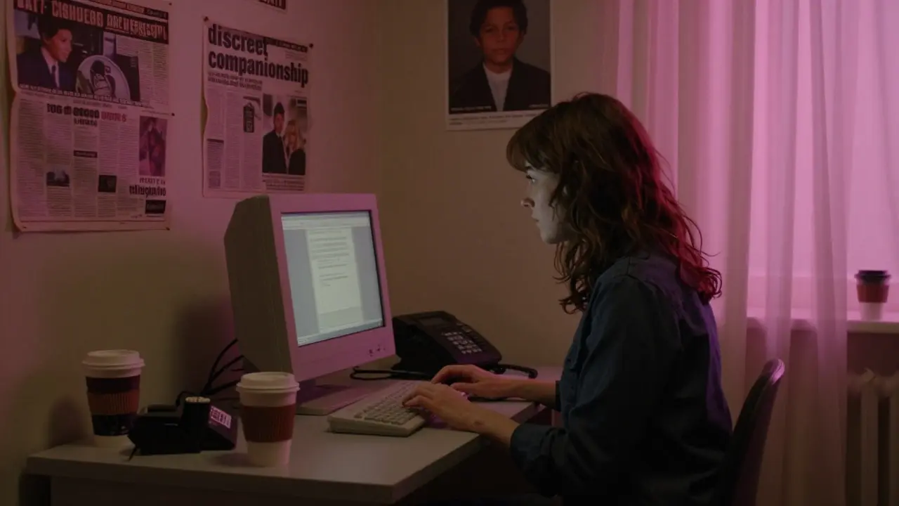A woman works at a desk in a 1990s Berlin apartment, newspaper ads on the wall.