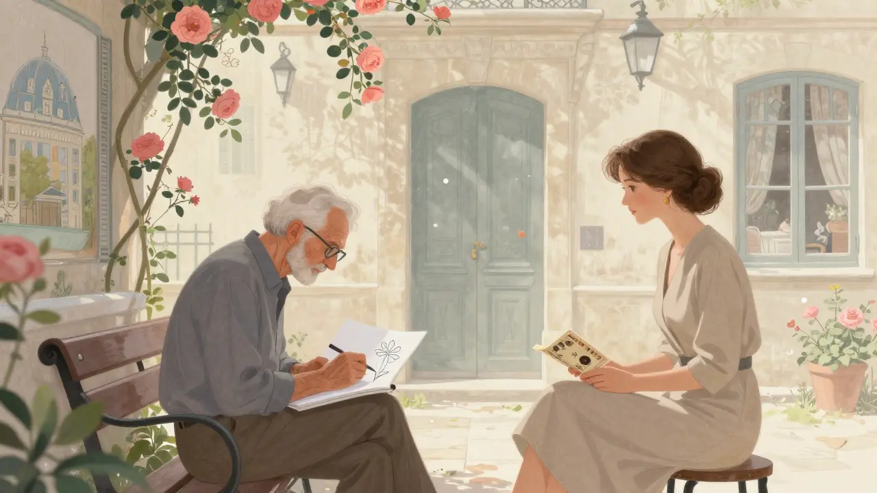 An elderly man sketching in a hidden Parisian courtyard while a woman watches quietly among roses and murals.