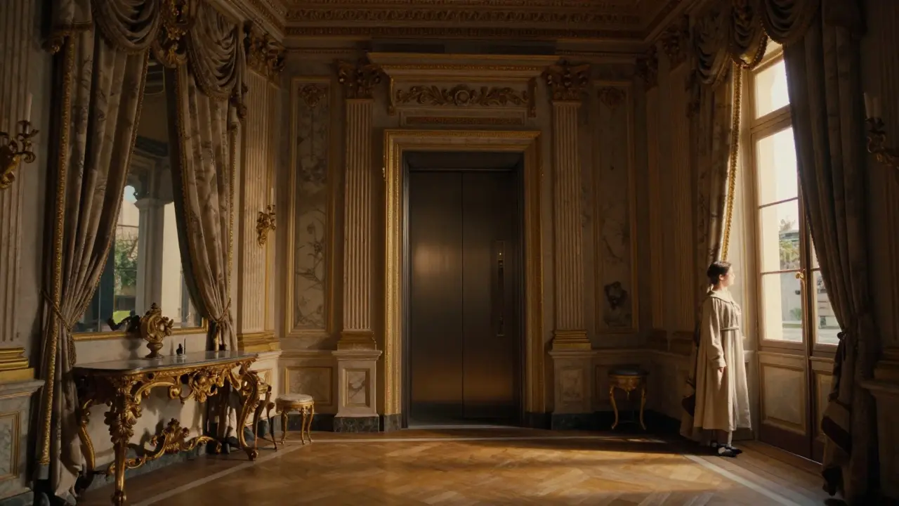 An elegant palace suite with antique furnishings, bathed in twilight, no one else around.