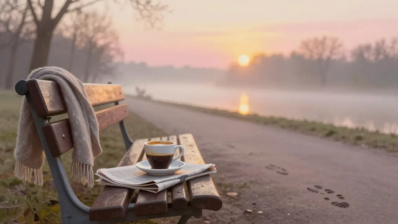 An empty park bench at sunrise near Treptower, with a cooled coffee cup and a folded scarf.
