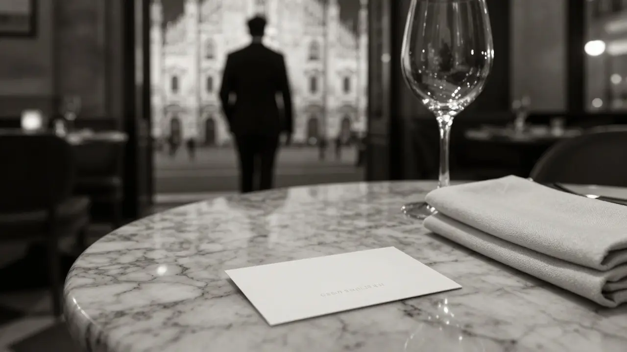 An empty restaurant table with a business card and wine glass, hinting at a meaningful evening ended.