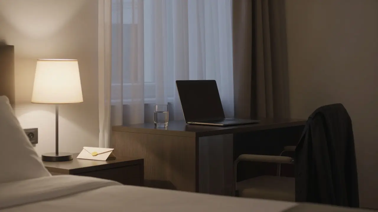 An unoccupied hotel room in Milan with cash on the nightstand and no people present.