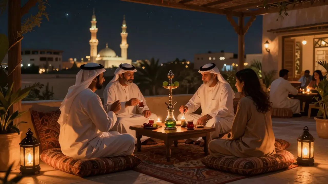 Candlelit shisha terrace with people relaxing quietly under lanterns.