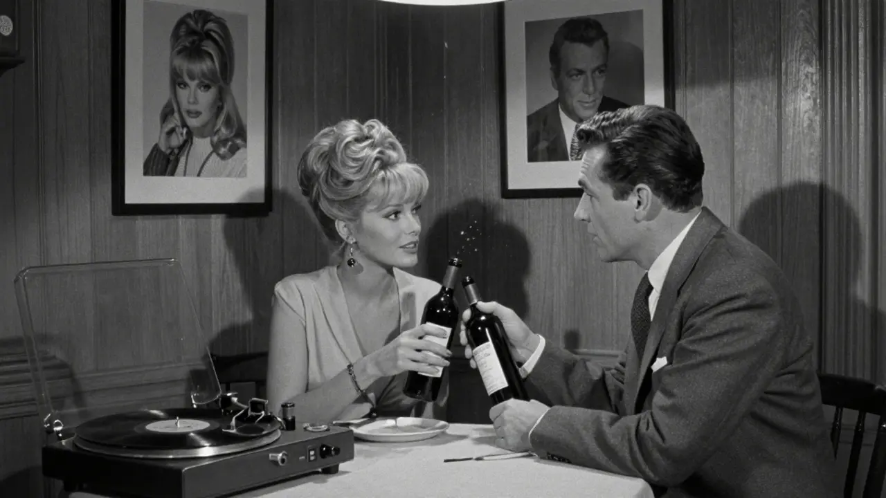 Classic Le Rascasse bar with vintage celebrity photos, couple sharing wine under warm lamplight.