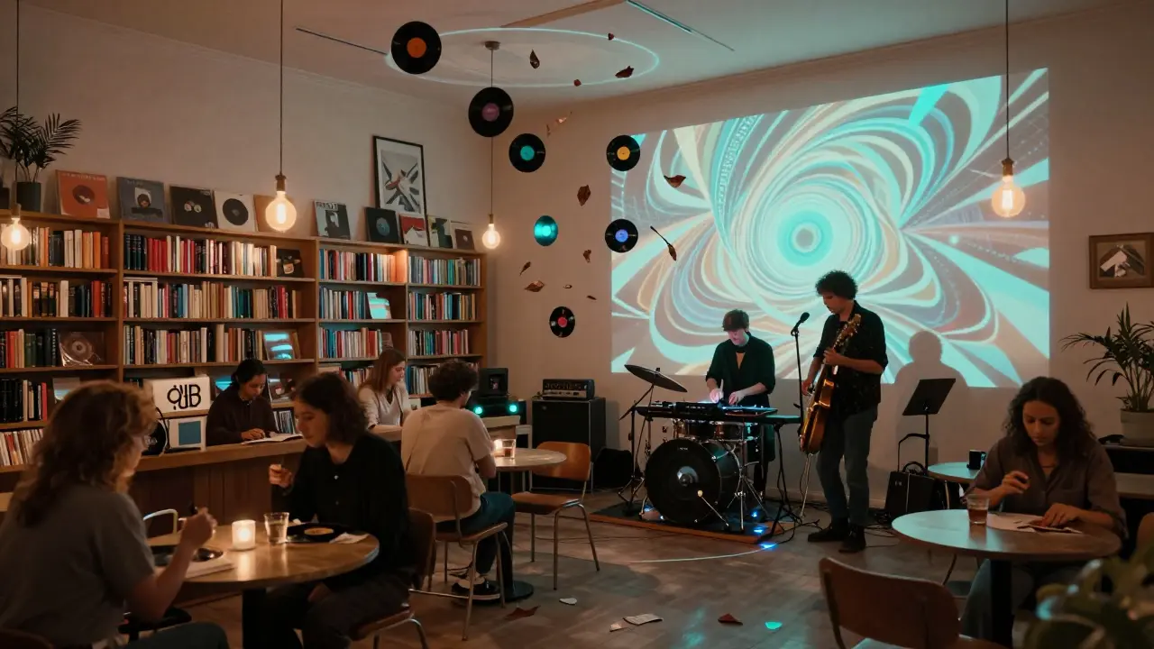 Club NME with abstract projections, live musicians, and floating vinyl records in a converted bookshop.