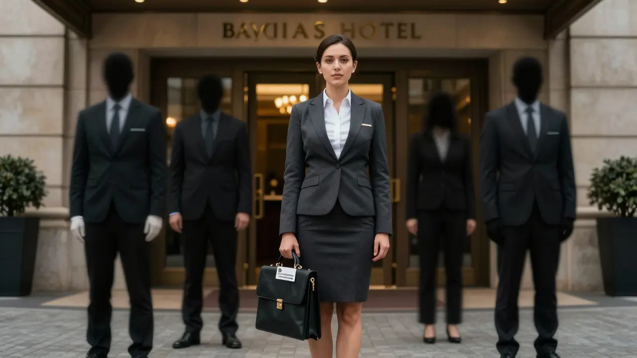 Confident female escort at a five-star hotel entrance, holding a licensed service business card, shadowy figures fading behind.