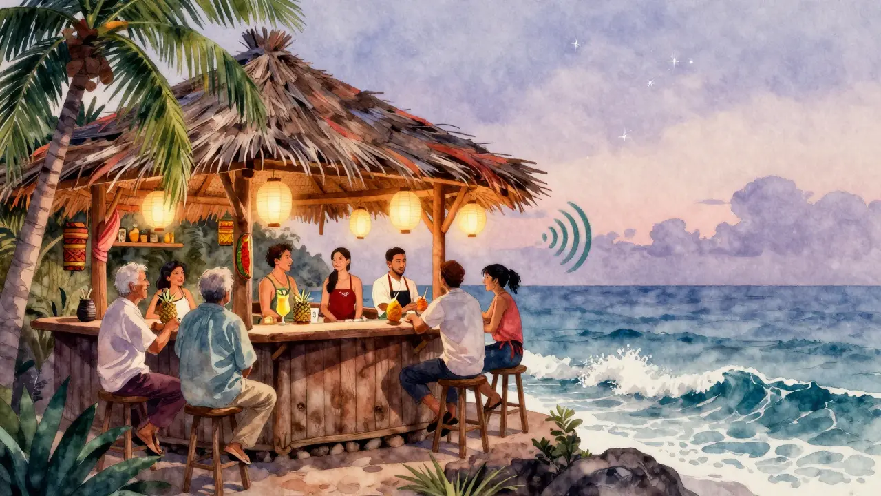 Cozy cliffside tiki bar with paper lanterns, locals enjoying cocktails under twilight sky.
