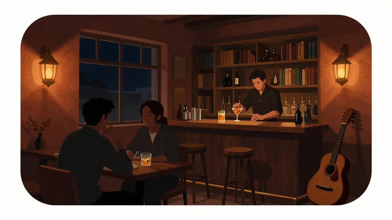 Cozy hidden bar with bookshelves, warm lantern light, and two people in quiet conversation.
