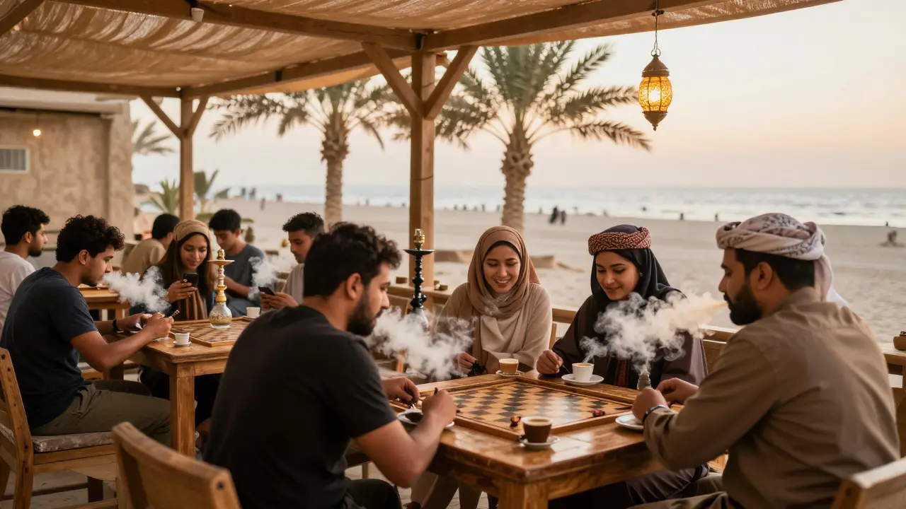 Cozy shisha lounge at night with locals sipping coffee, playing backgammon, and smoking flavored tobacco under hanging lanterns.