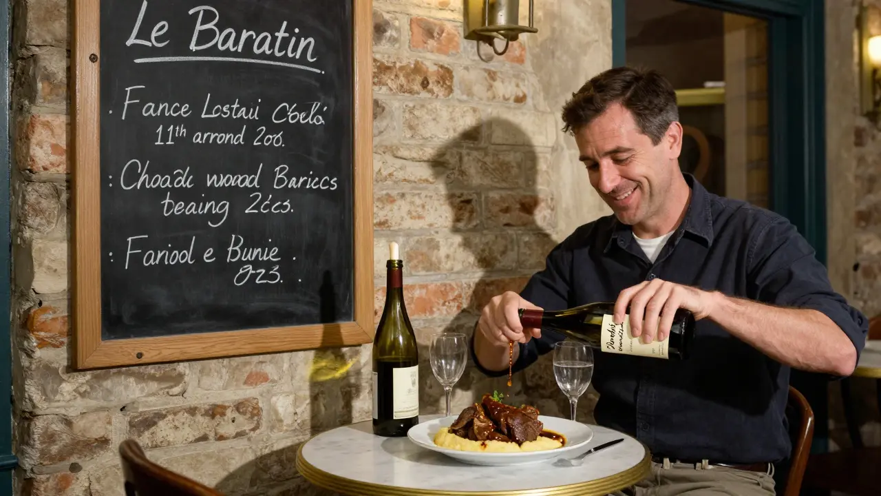 Cozy table at Le Baratin with shared dish and handwritten chalkboard menu in a quiet Parisian bistro.