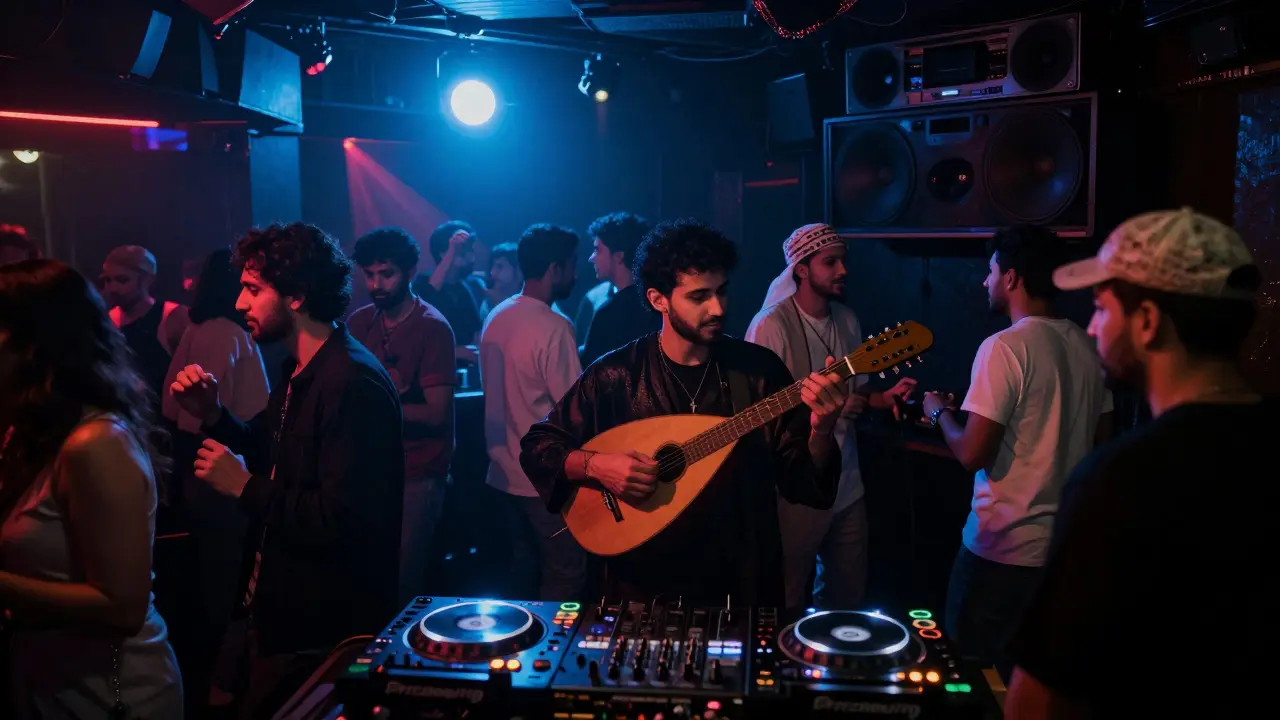 Crowd dancing in a dark underground club with pulsing lights and traditional Arabic music beats.