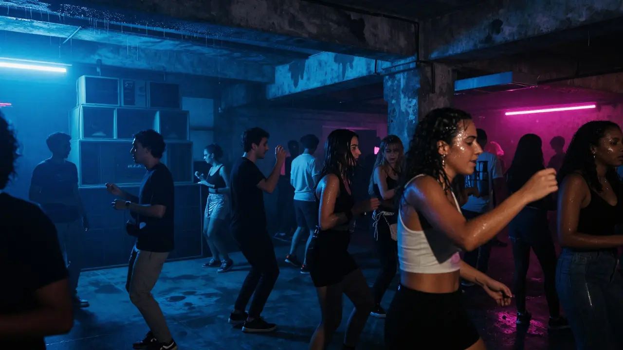 Crowd dancing in a raw underground warehouse club lit by neon and dripping condensation.