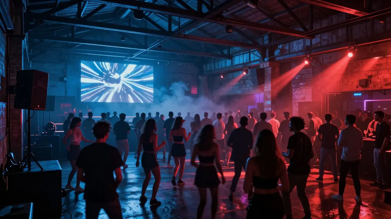 Crowd dancing in an industrial warehouse club with atmospheric lighting.