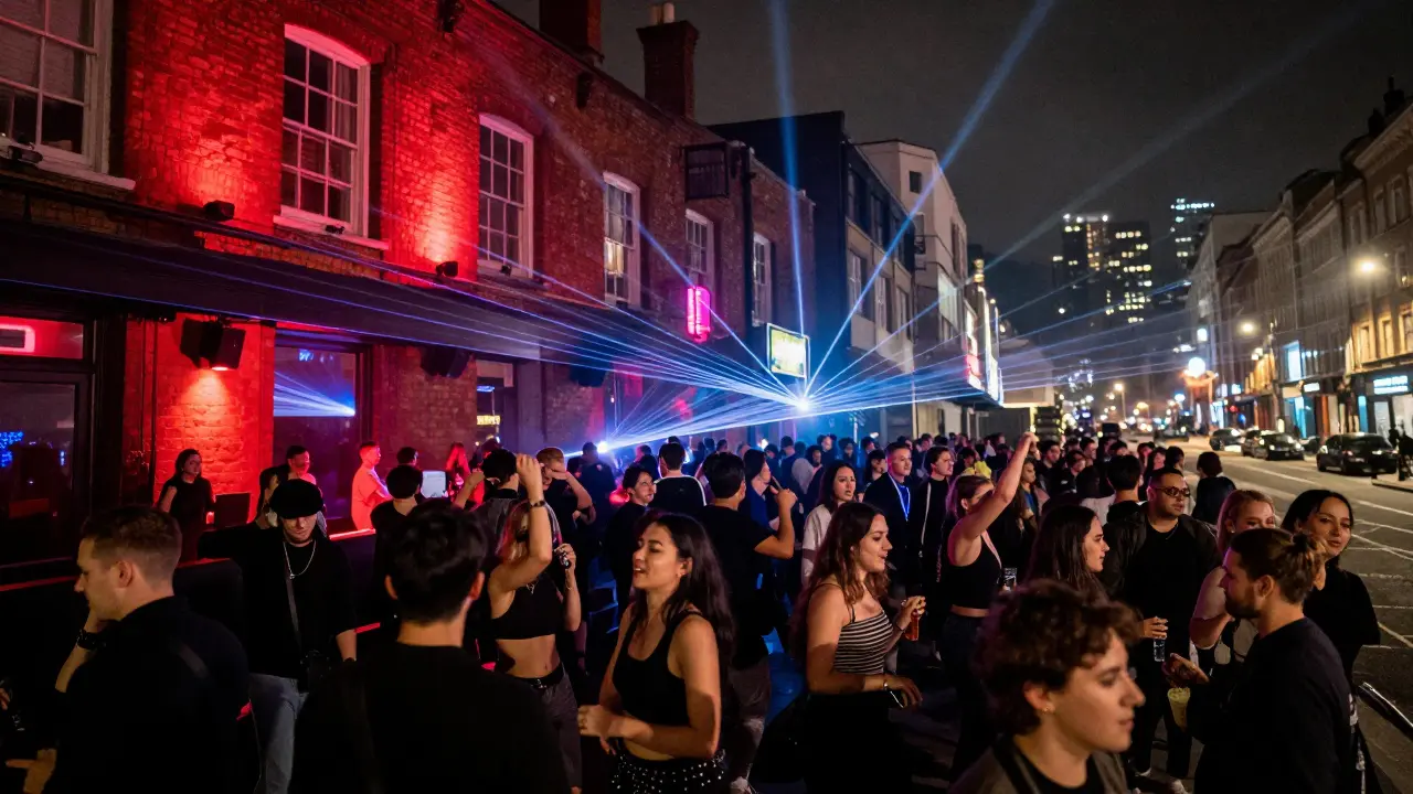 Crowd dancing inside Fabric nightclub under pulsing lights, urban skyline in background.