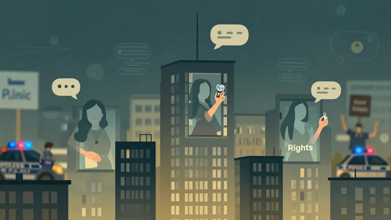 Digital silhouettes of sex workers emerge from Berlin apartments surrounded by app icons and symbols of rights.