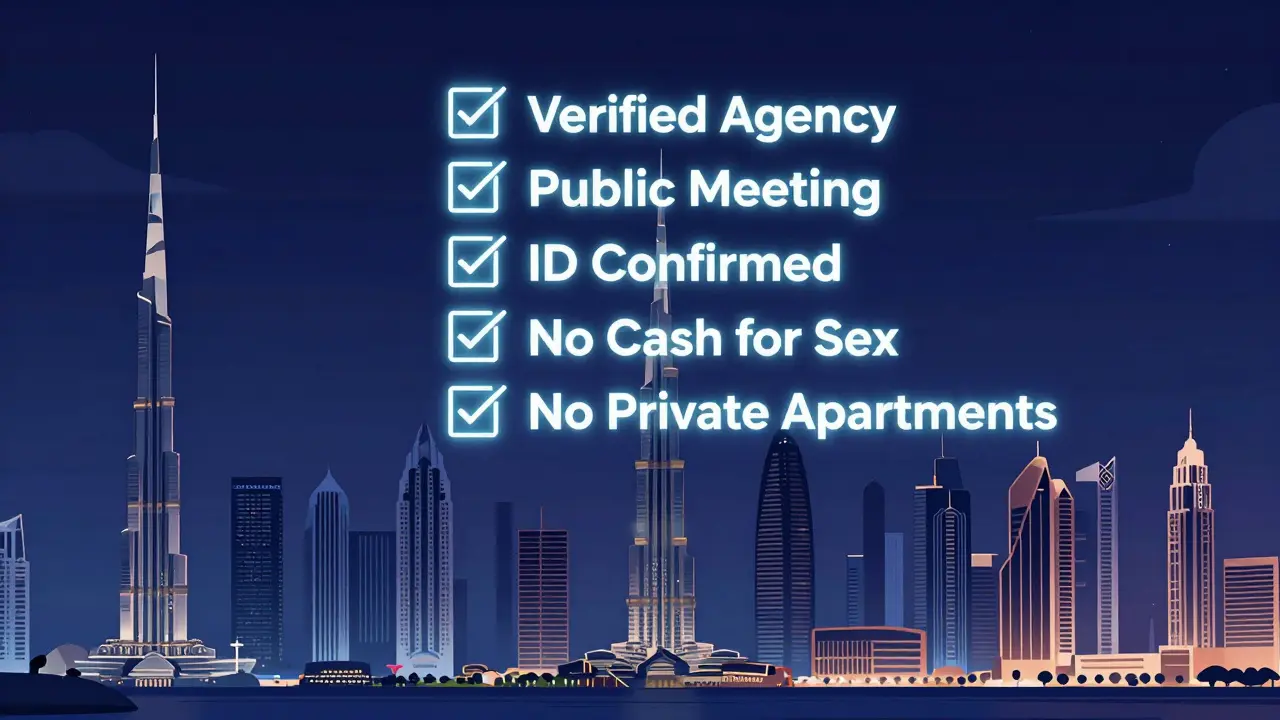 Dubai skyline at night with a glowing legal compliance checklist floating above the city in neon lights.