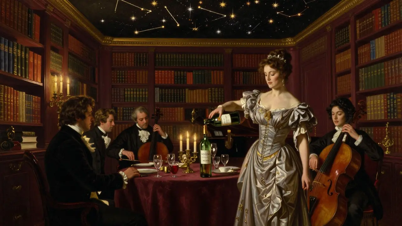 Elegant 19th-century salon with constellation ceiling and live chamber jazz performance.