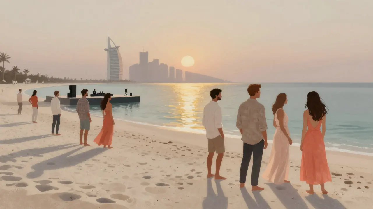 Elegant crowd at White Beach Dubai at dusk, music and floating DJ booth glowing against the horizon.