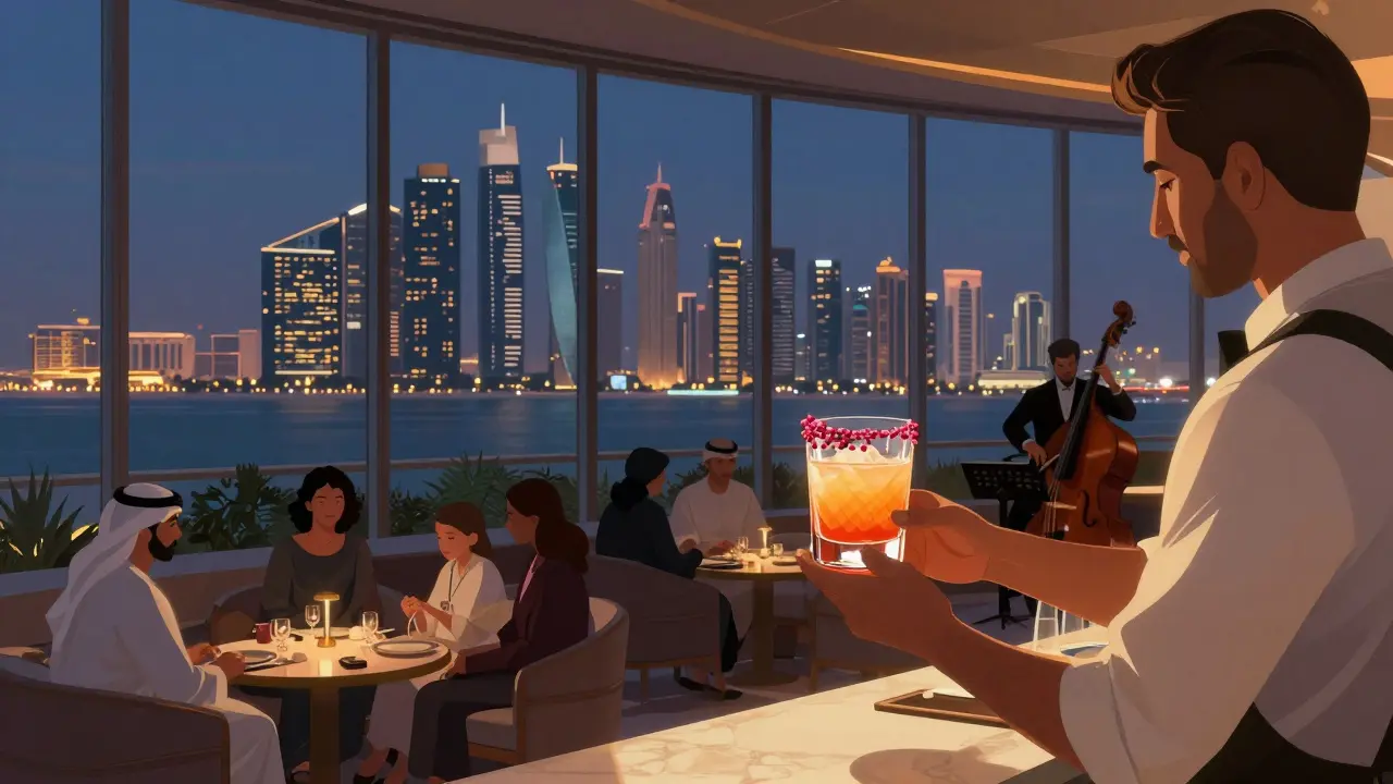 Elegant rooftop lounge with skyline views, a bartender serving a colorful cocktail as dusk turns to night.