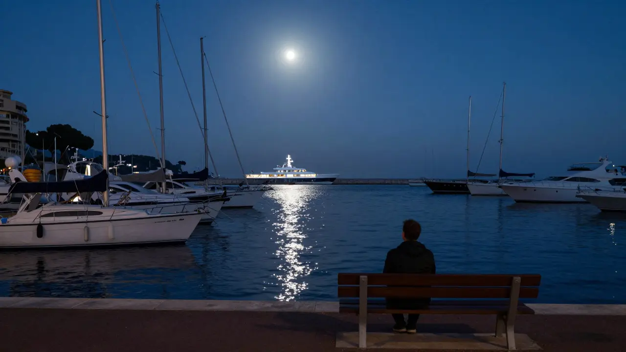 Empty harbor at dawn, yachts gently rocking, a solitary figure under a starry sky.