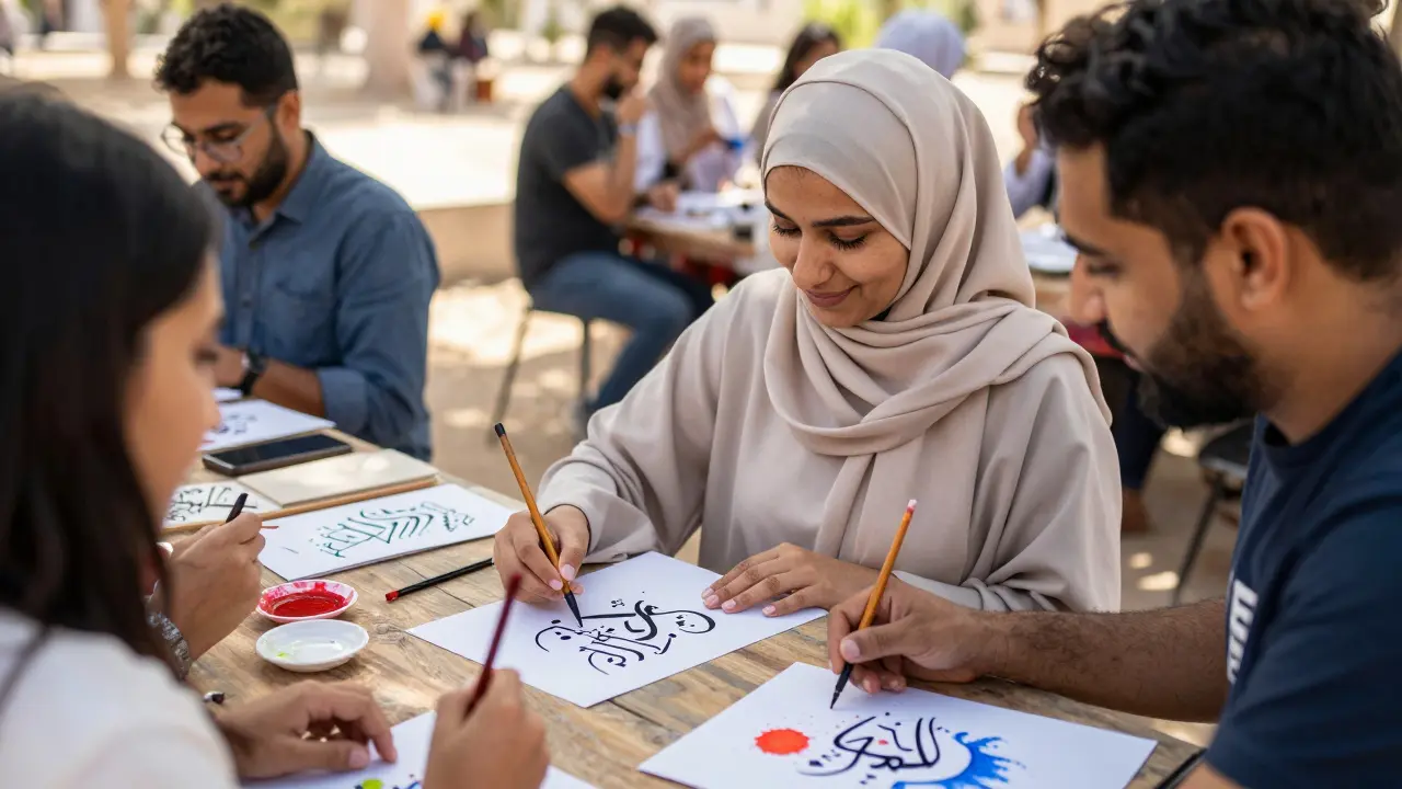 Expats and locals learn Arabic calligraphy together in Zabeel Park, smiling and creating art under natural sunlight.