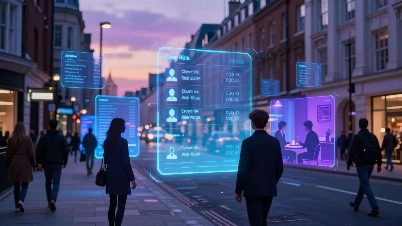Futuristic digital interface overlaying London streets with AI scheduling and VR preview icons in neon tones.