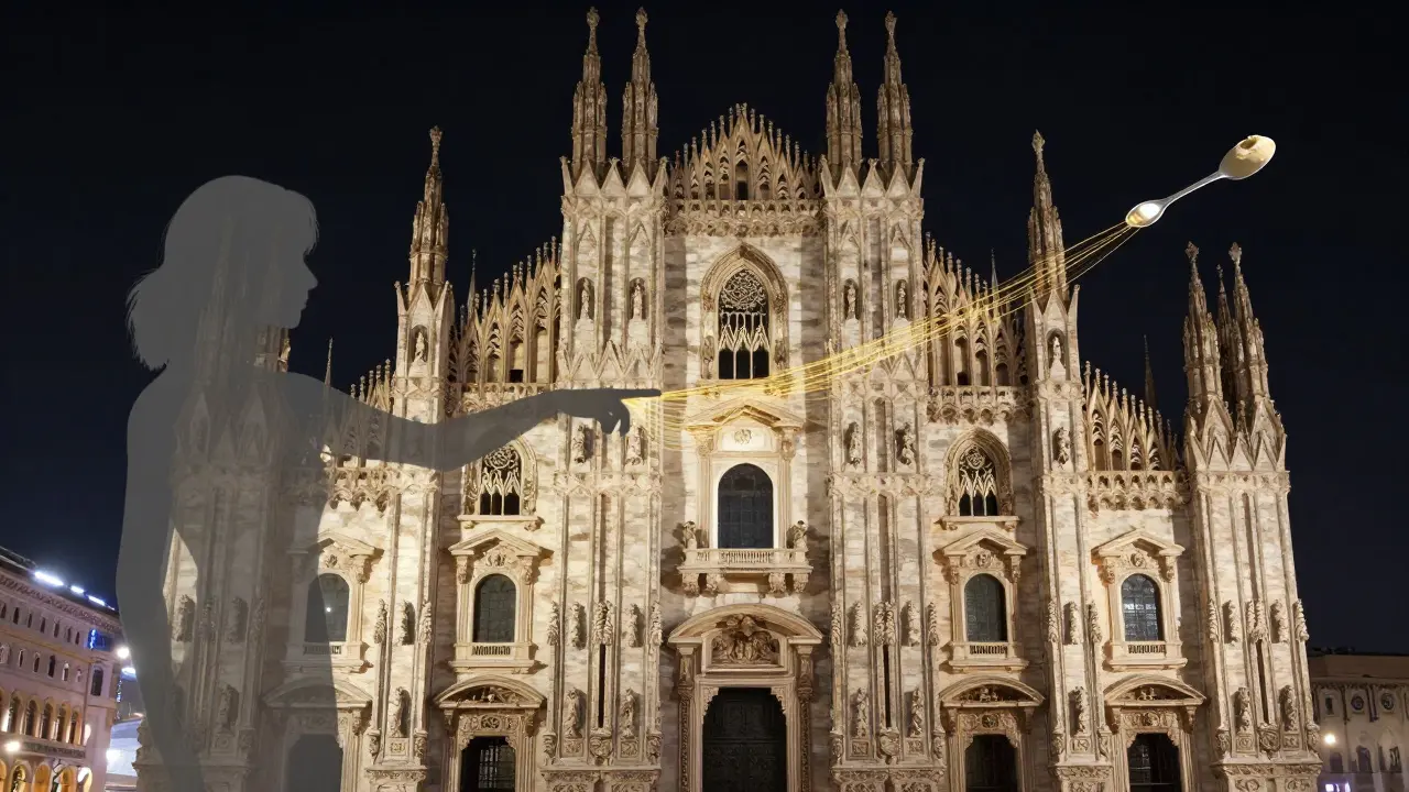 Golden threads connect a woman’s gesture to iconic Milanese scenes, symbolizing shared stories and emotional memories.