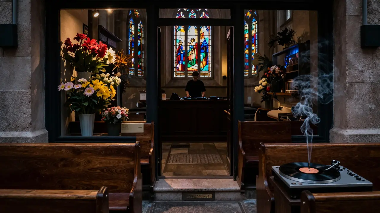 Hidden club entrance behind flowers, leading to a chapel-turned-lounge with stained glass and vinyl records.