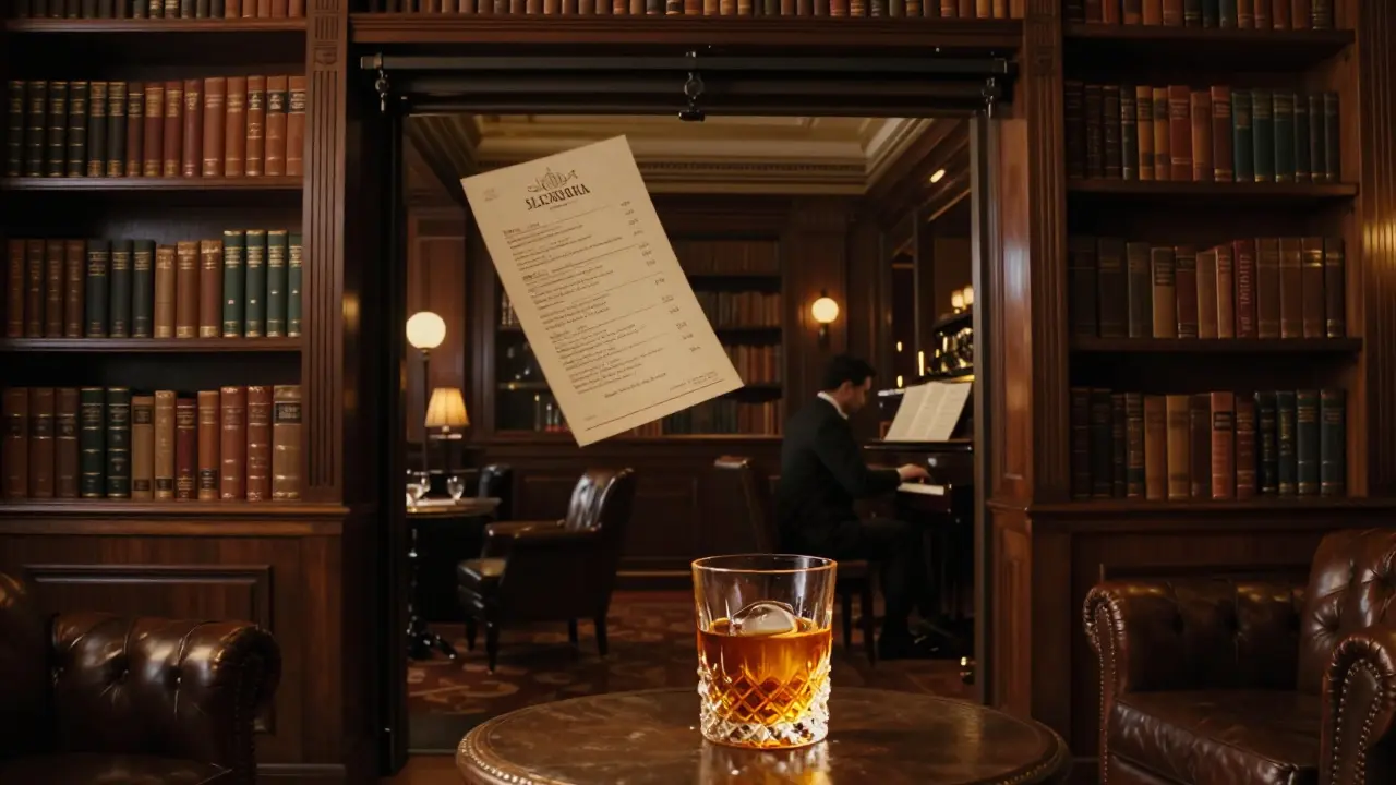 Hidden library bar with mahogany shelves and a pianist, bathed in warm light, exuding quiet mystery.