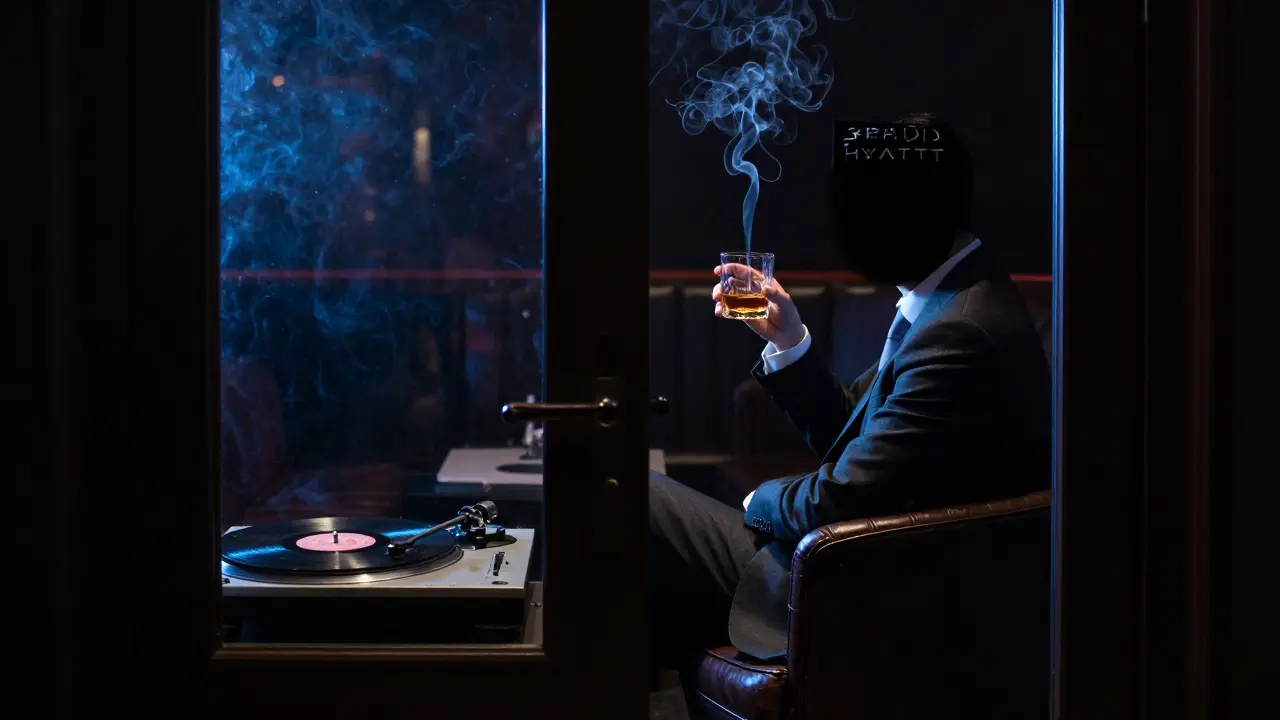 Hidden nightclub with dim lighting and a vinyl record spinning in shadow.