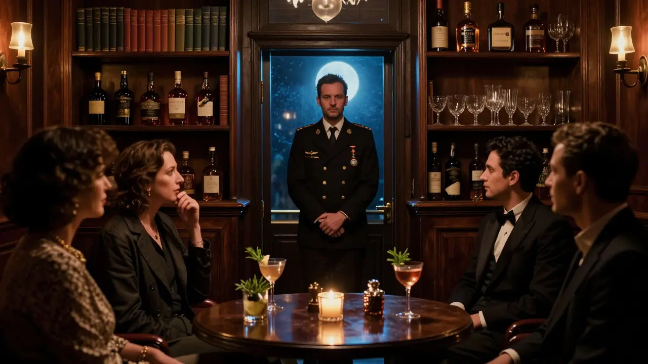 Hidden speakeasy behind a bookshelf, candlelit cocktails, and a quiet enforcer standing near the entrance.