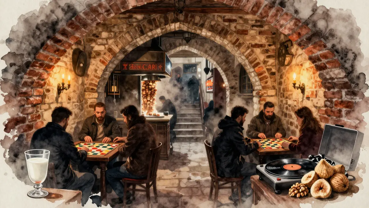 Hidden underground bar beneath a stone arch, candlelit, with backgammon players and rakı glasses in shadow.