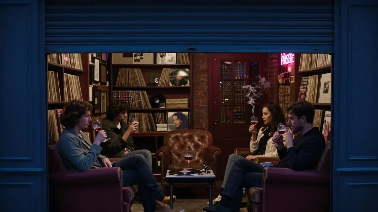 Hidden underground boat bar with vintage lamps and vinyl records, patrons drinking wine in moody midnight lighting.