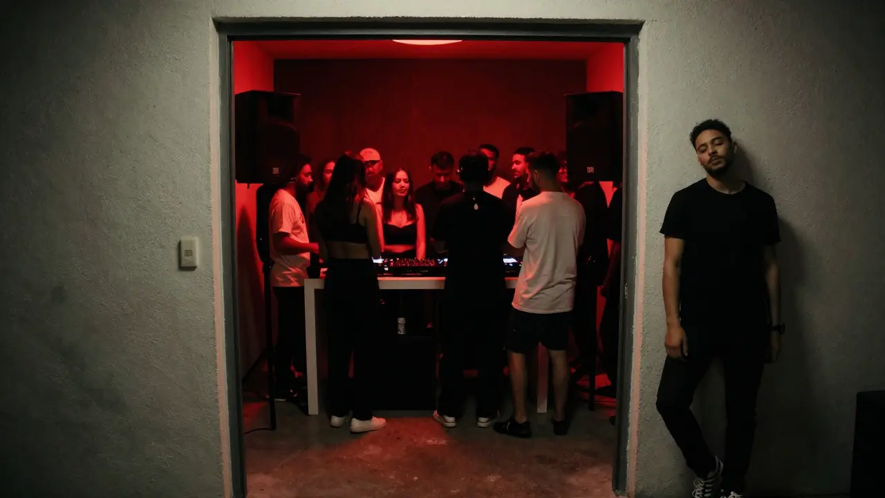 Hidden underground club Opium with red lighting and intimate crowd listening to techno.