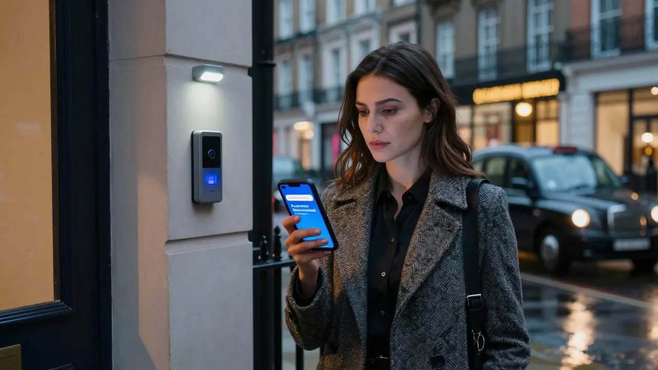 Independent escort checking in via a safety app outside a London townhouse with smart doorbell activated.