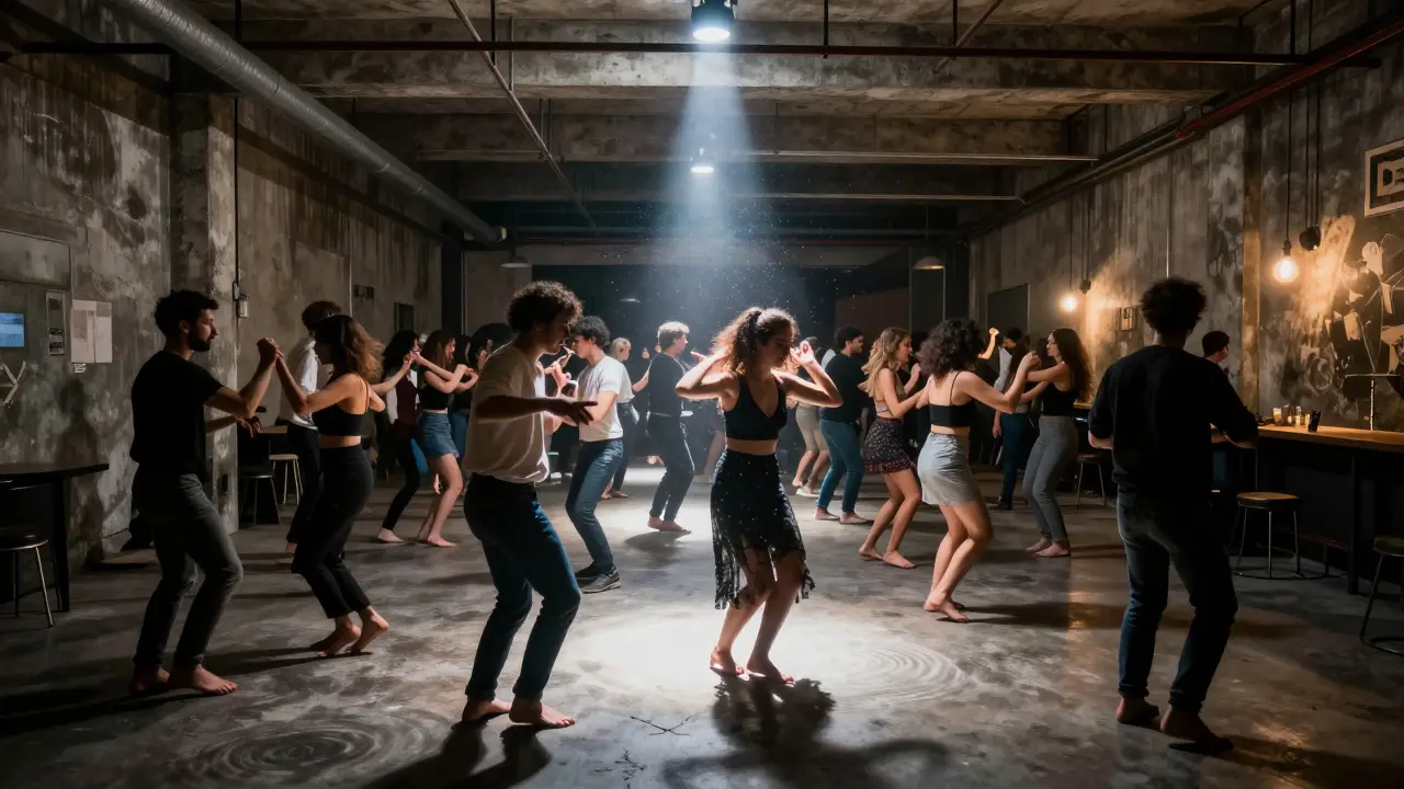 Industrial warehouse club with concrete floor and crowd dancing under strobe lights, ink-stained walls.