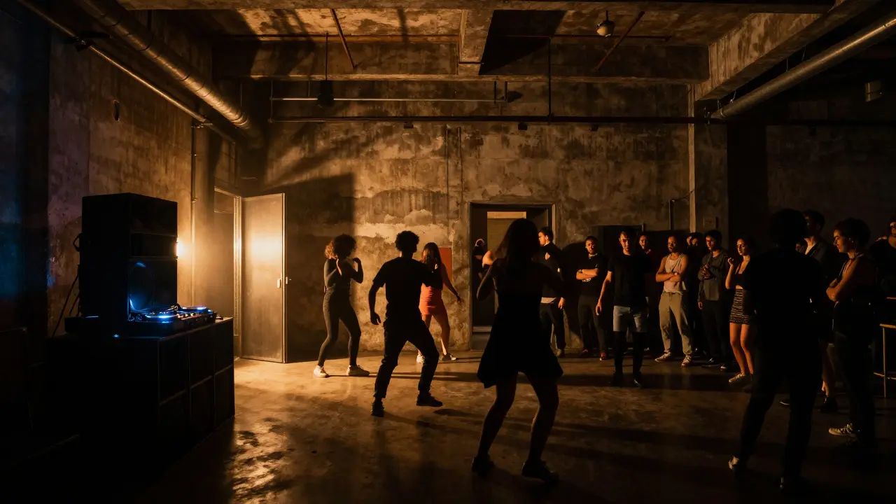 Inside Magazzini Generali club at midnight, with silhouetted dancers and industrial lighting pulsing to music.