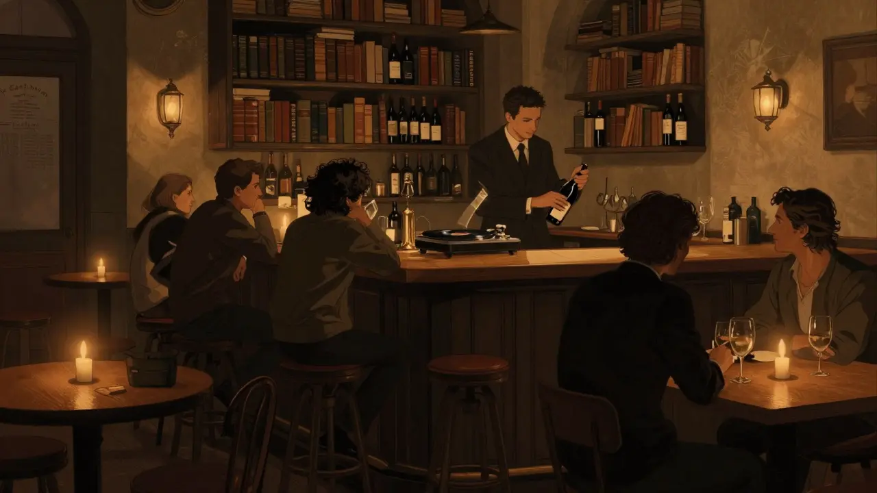Intimate candlelit bar with bartender choosing wine for quiet patrons, vinyl record spinning softly.