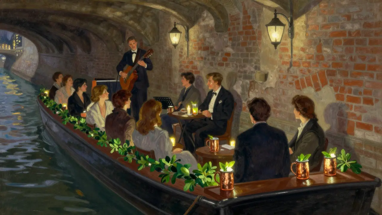 Intimate candlelit barge with artists listening to live jazz, copper mugs and soft shadows illuminating the riverbank.