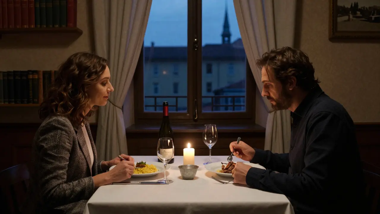 Intimate dinner at La Pergola with candlelight, saffron risotto, and a bottle of Franciacorta.